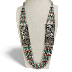 Hand Crafted Multistrand Silver-Tone Necklace with Red and Turquoise Beads